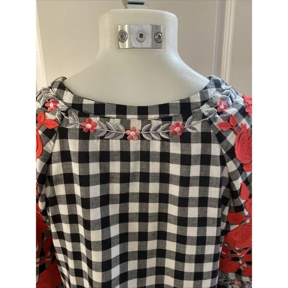 Anthropologie Pankaj Nidhi Gingham Swing Ruffle Embroidered Top Size XS Boho - Picture 7 of 14